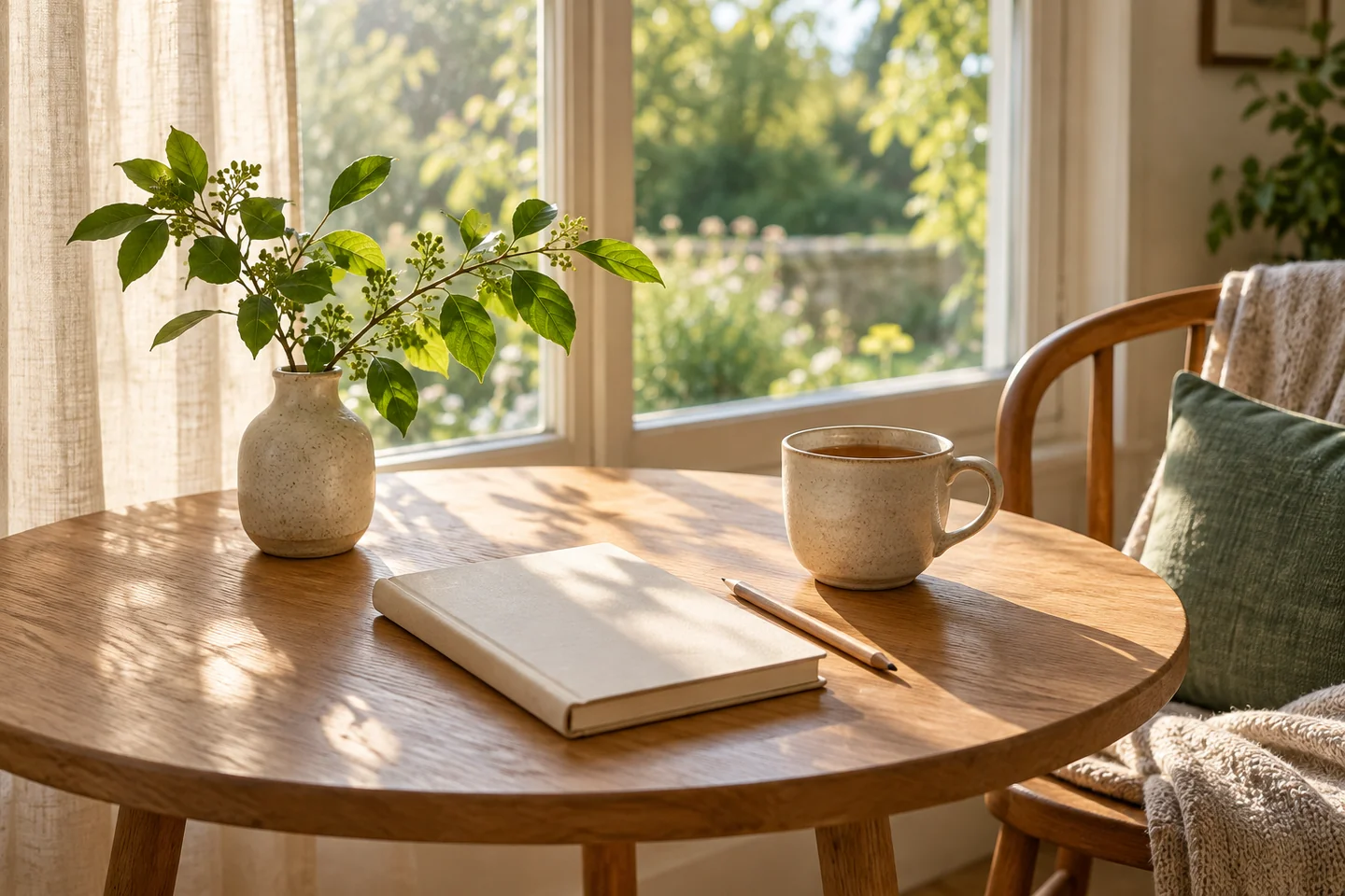 Morning light across a notebook and cup of tea beside a garden window.